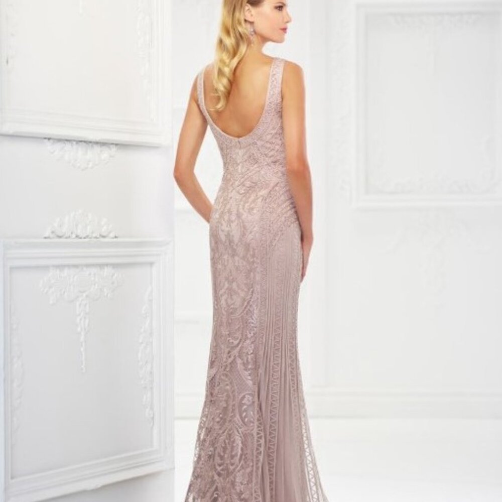 Montage by Mon Cheri Navy Blue Beaded V-Neck Evening Gown MOBride / MOGroom - Picture 2 of 7